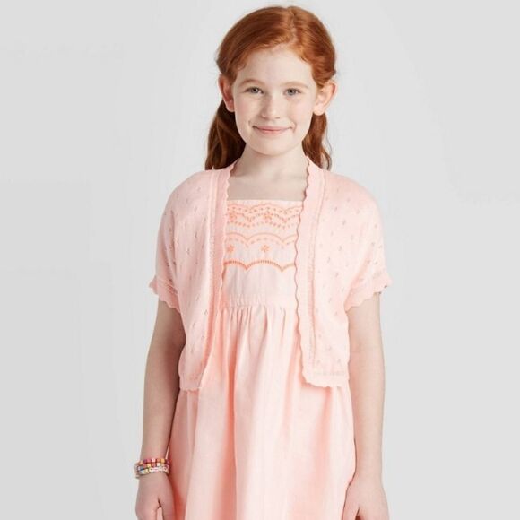 Girls' Short Sleeve XS- Cardigan Sweater - Cat & Jack Powder Pink - Picture 2 of 4